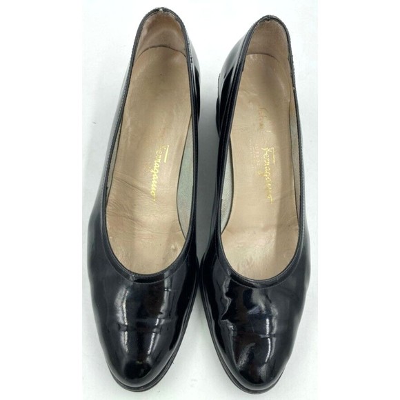 Womens Salvatore Ferragamo Black Patent Leather Wedge Pump Shoes 9 8 0837763 - Picture 2 of 7